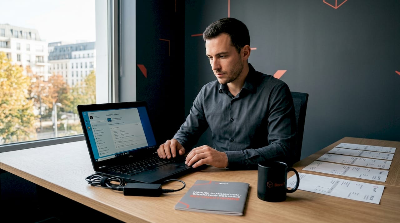 Un homme examine attentivement un ordinateur reconditionné posé sur son bureau.