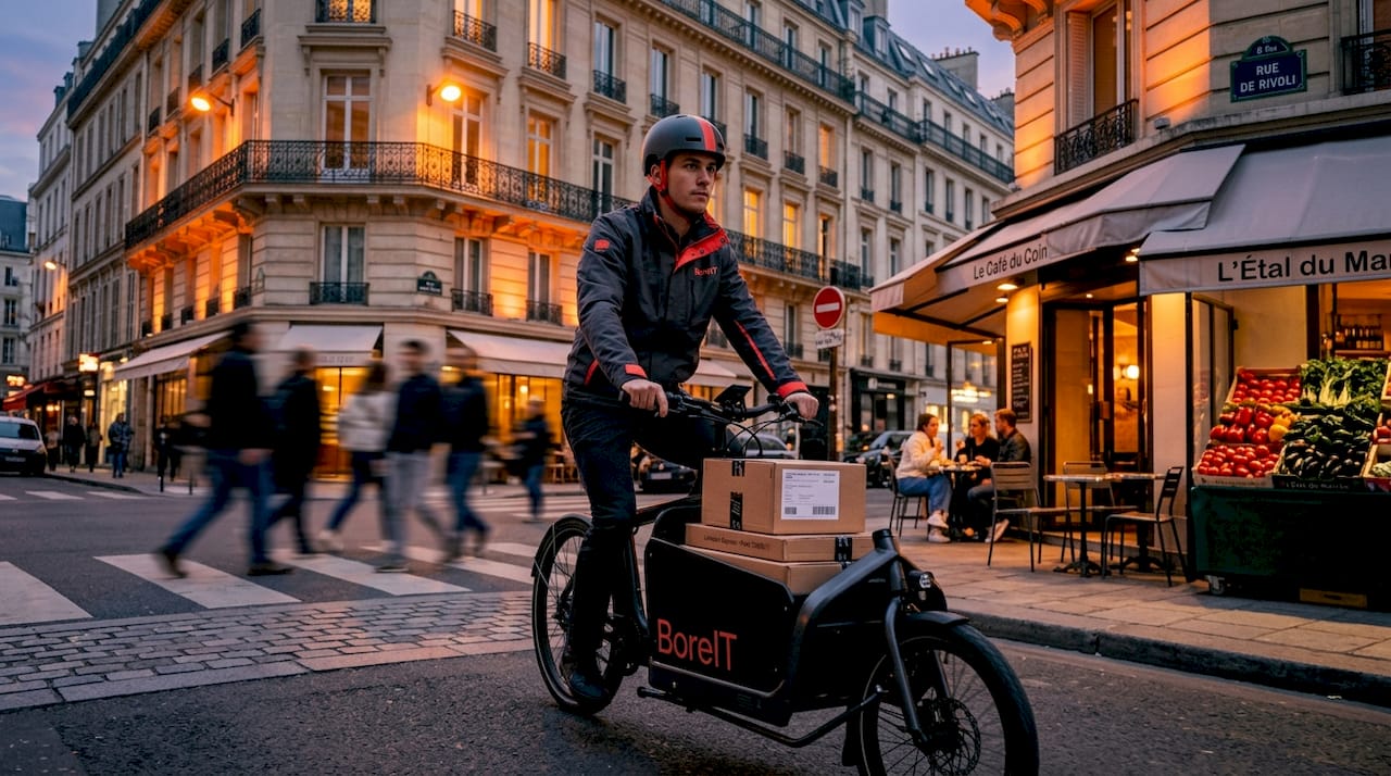 Un livreur à vélo électrique sillonne les rues de la ville.