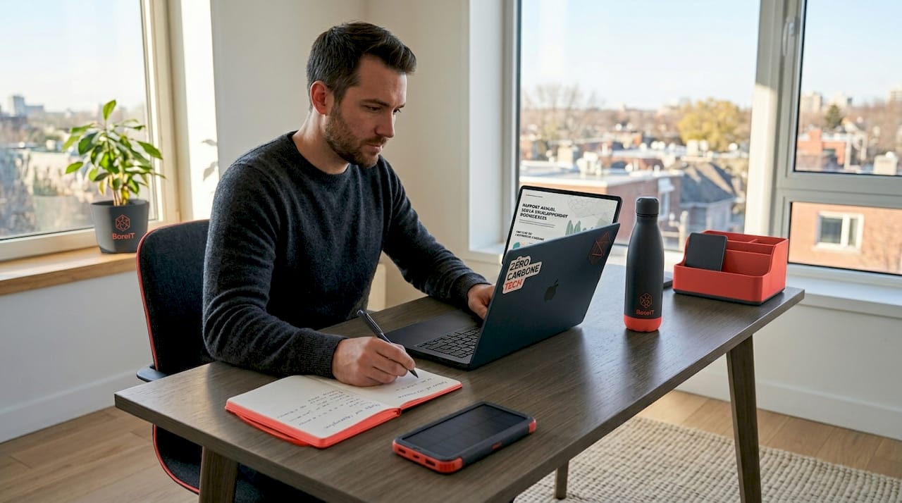 Un homme travaille sur son ordinateur portable dans un bureau à domicile respectueux de l’environnement.