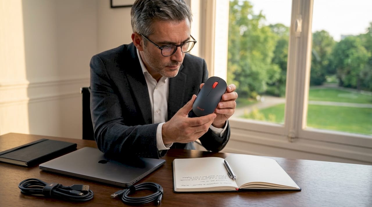 Un homme examine au bureau si un accessoire est bien compatible.