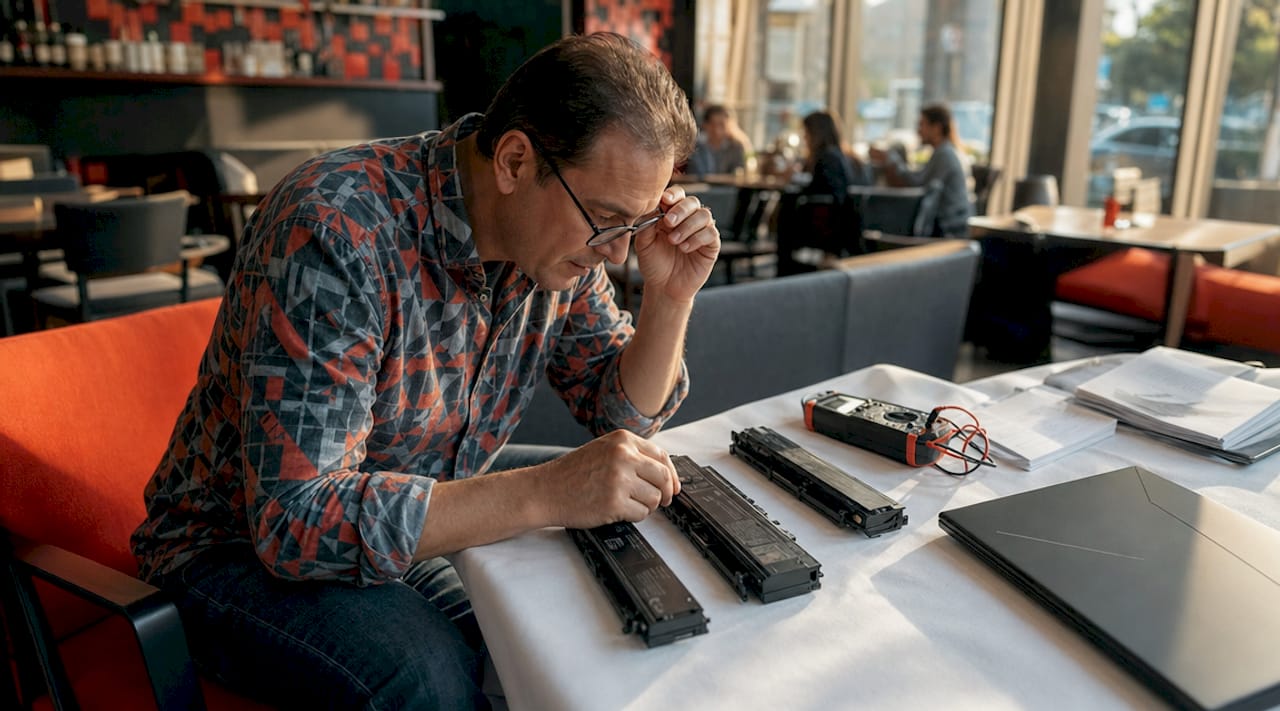 Un homme installé à son bureau compare différentes batteries d’ordinateur portable.