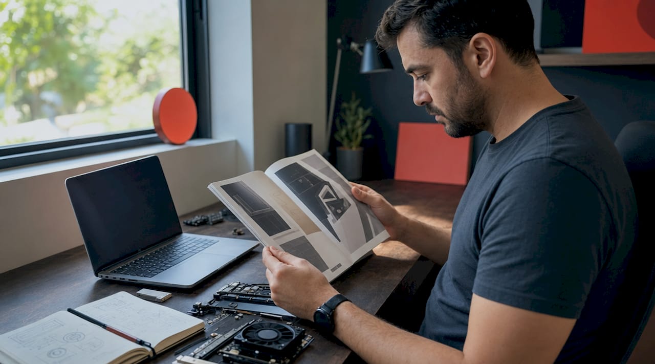 Un spécialiste informatique feuillette un magazine dédié au matériel high-tech dans son bureau à la maison.