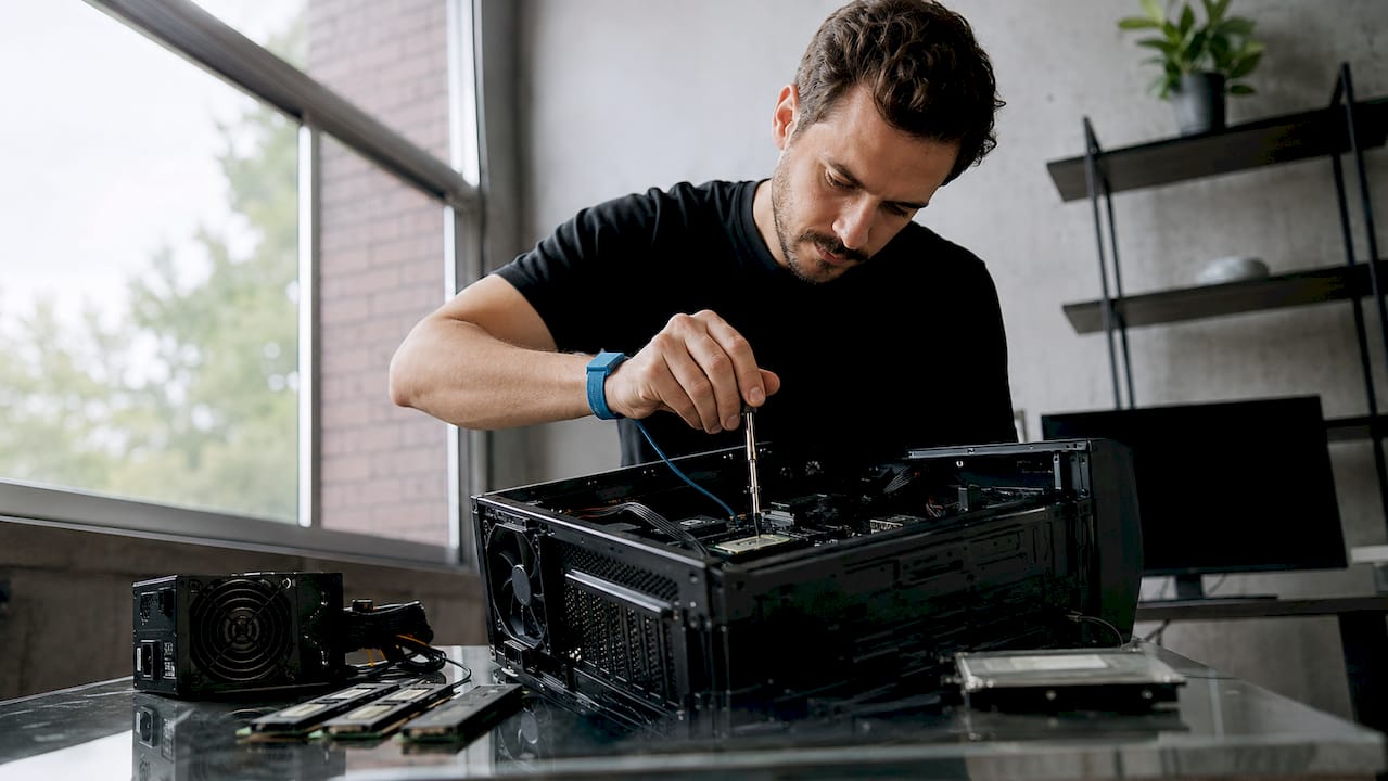 Technicien en train de monter un ordinateur de bureau dans son atelier