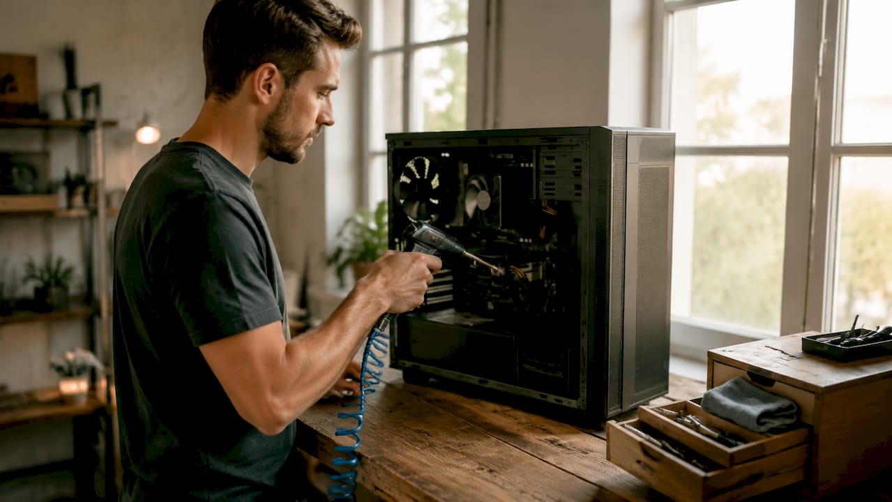 Un technicien en train de dépoussiérer l’intérieur d’un ordinateur