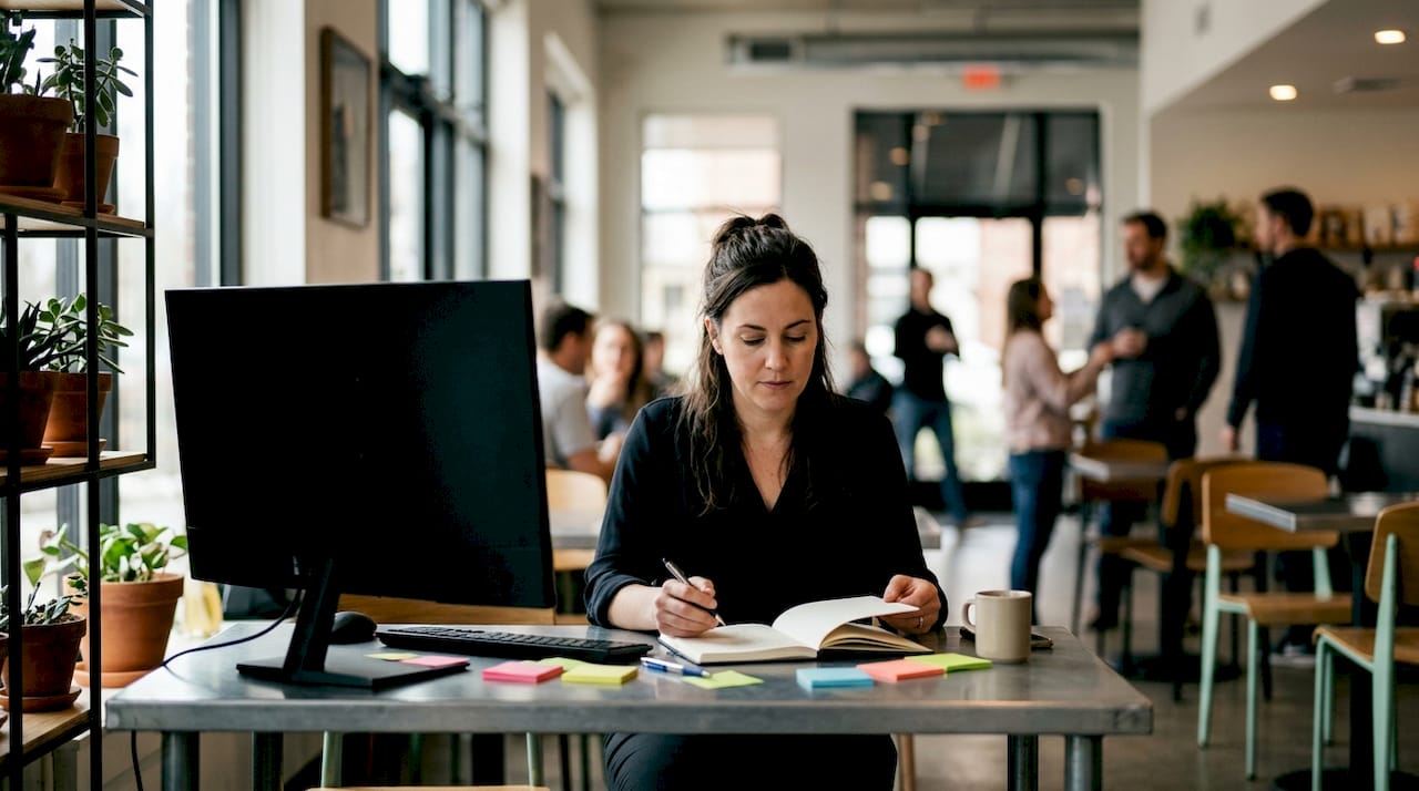 Une femme en pleine réflexion devant le choix de son futur écran d’ordinateur
