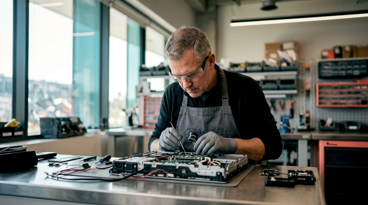 Un technicien équipé de son matériel de protection examine un appareil dans l’atelier.