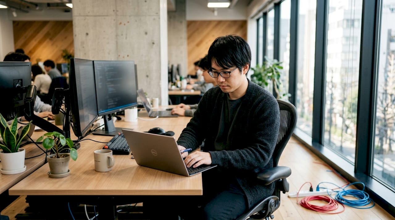 Un ingénieur informatique en pleine intervention dans la salle des serveurs d'une entreprise.