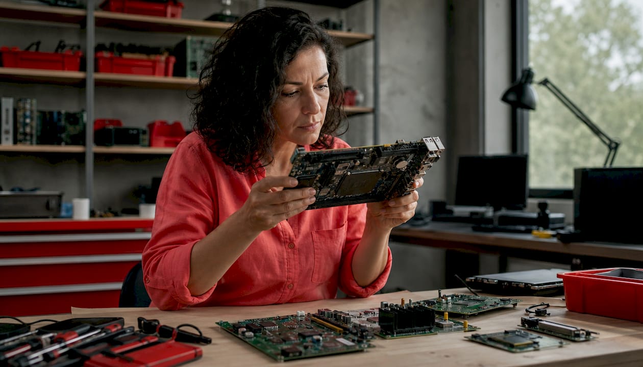 Une technicienne informatique contrôle la qualité du matériel validé directement sur la chaîne de production.