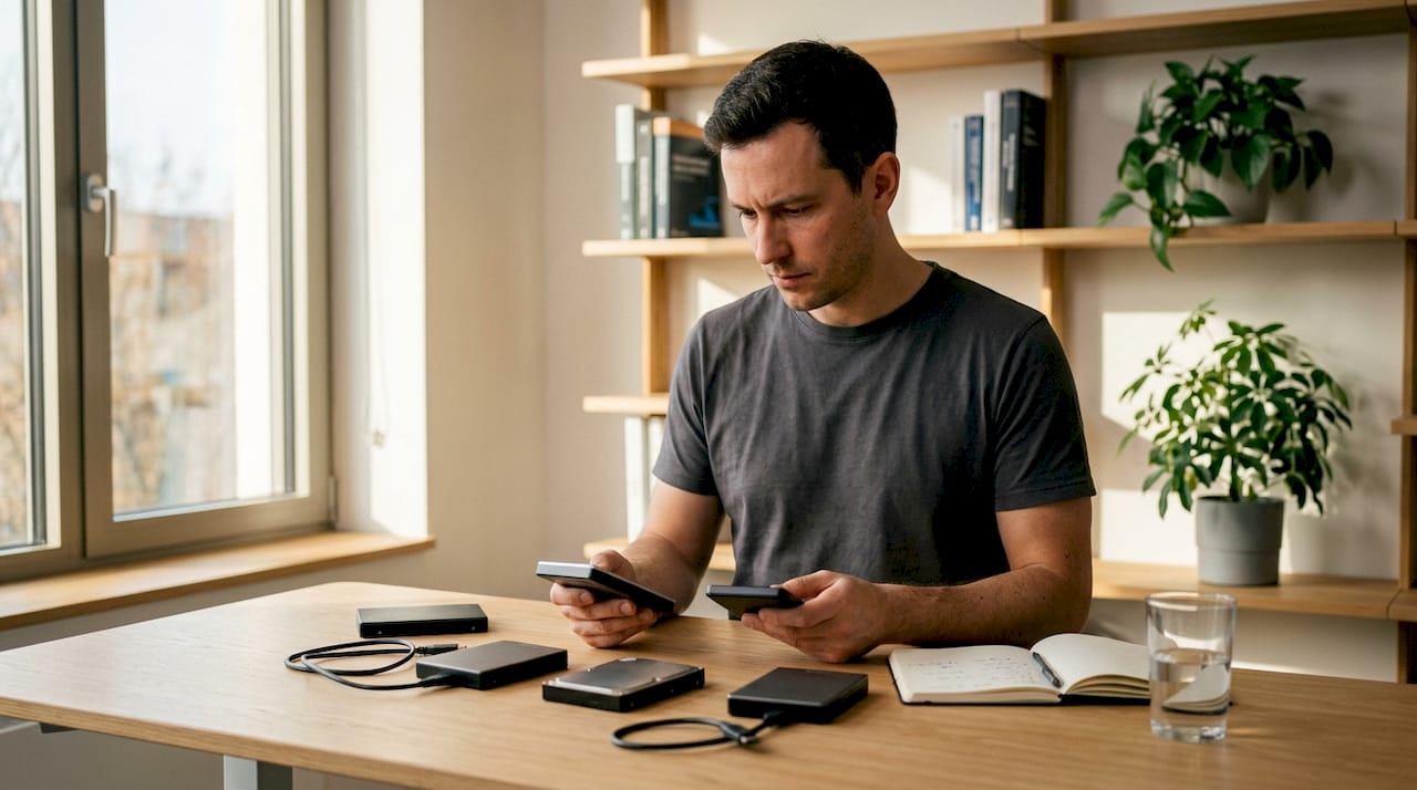 Un homme en train de manipuler des disques durs sur son lieu de travail.