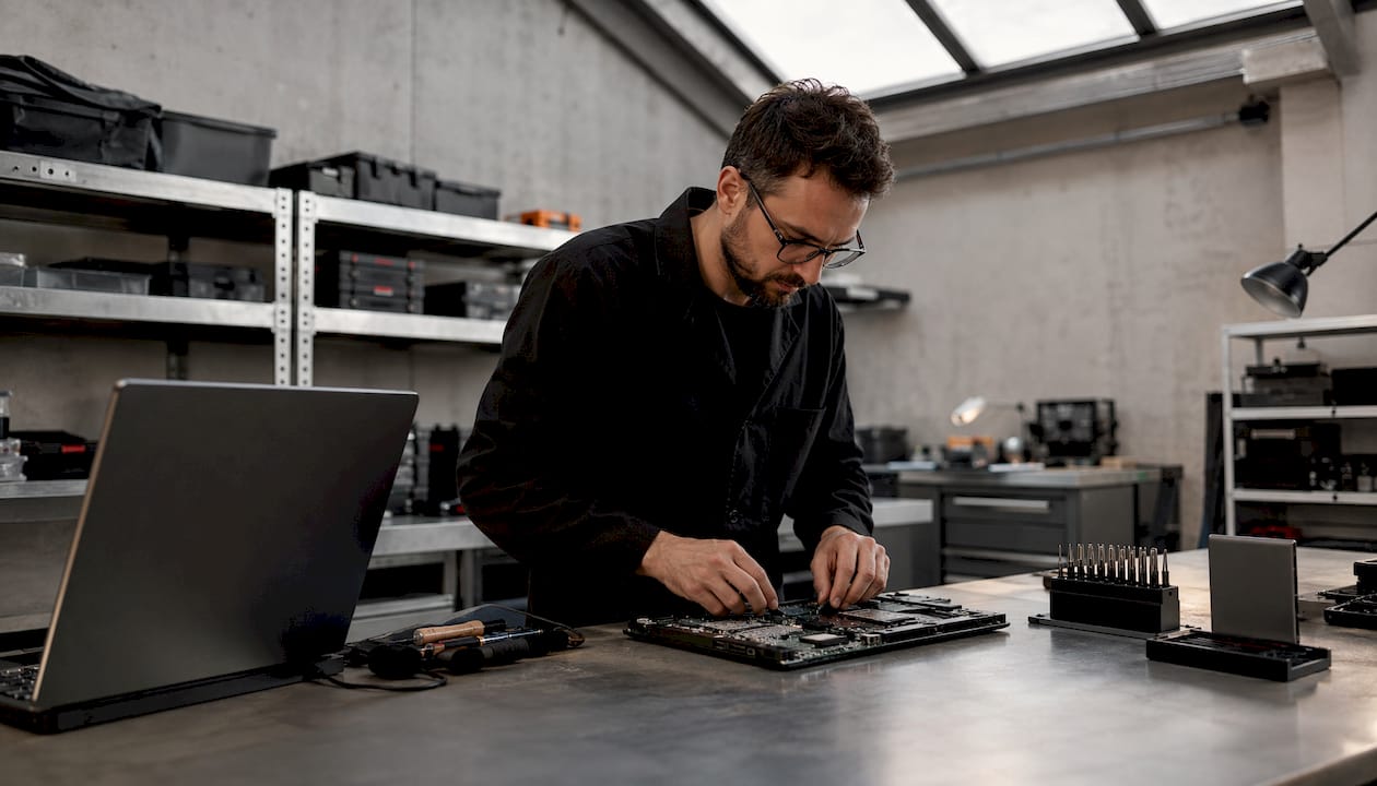 Un spécialiste informatique en pleine réparation de la carte mère d’un ordinateur portable.