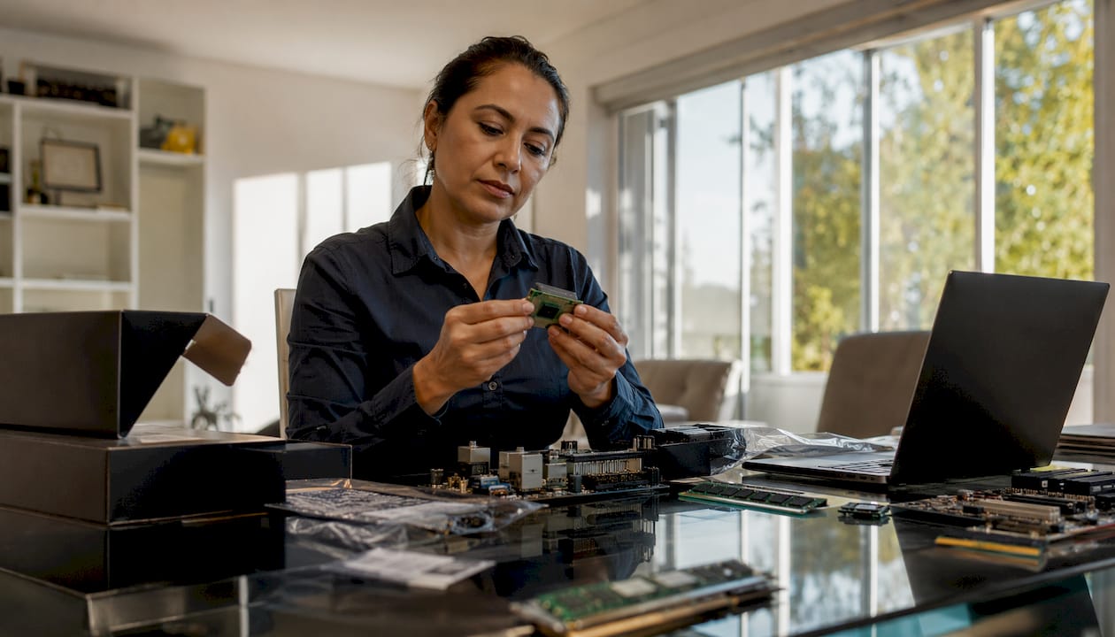 Un spécialiste informatique inspecte une carte mère au sein d’une petite entreprise.