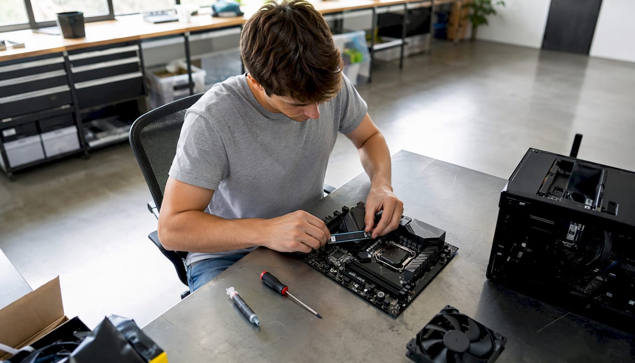 Un technicien en train d’installer un SSD NVMe sur une carte mère.