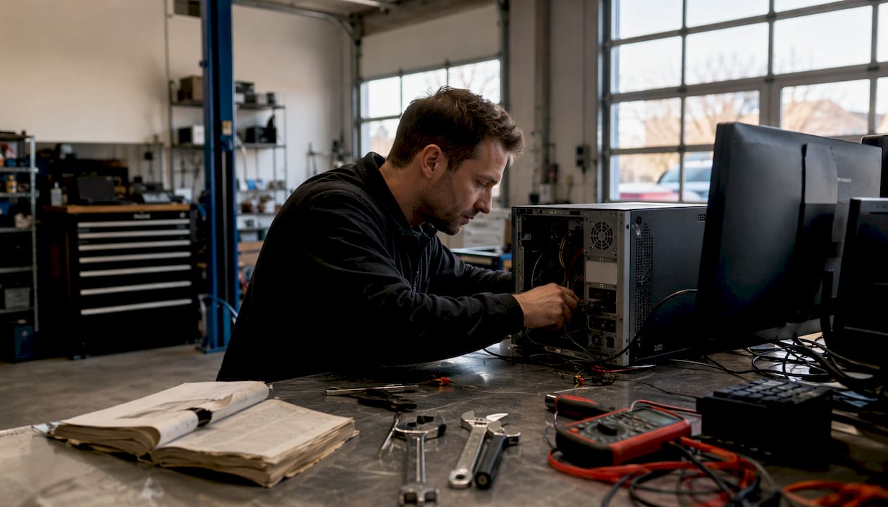 Un technicien vérifie le bon fonctionnement des composants d’un ordinateur sur son poste de travail.