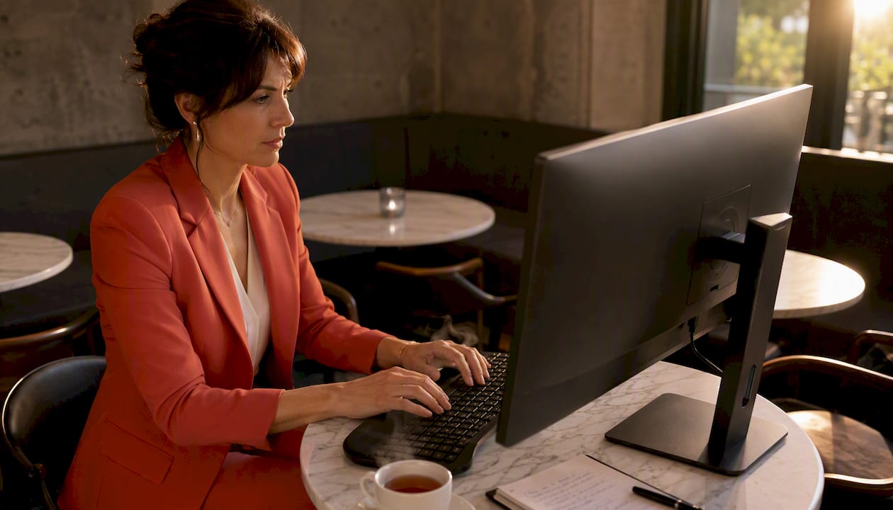 Une entrepreneure concentrée devant son écran, en pleine activité dans son bureau.