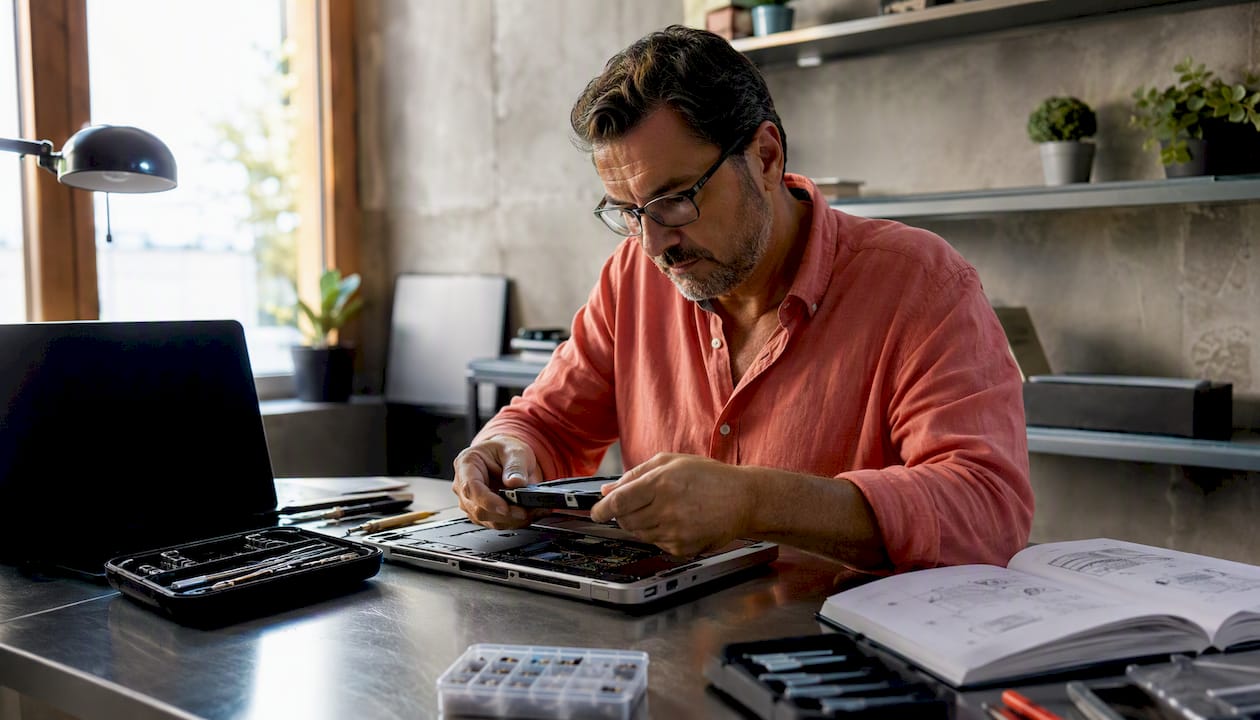 Un technicien examine minutieusement les composants d’un ordinateur portable dans son atelier.