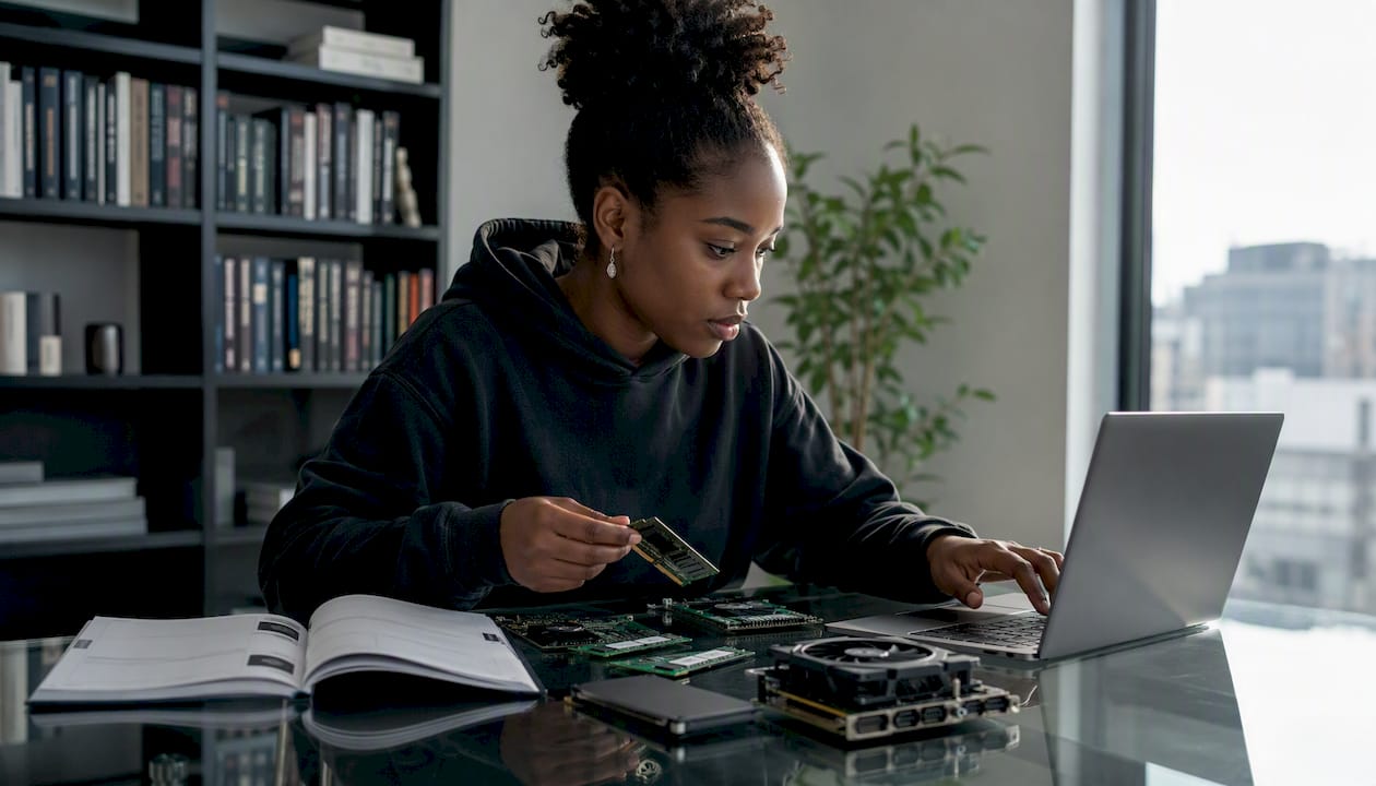 Une femme trie et prépare les composants nécessaires pour améliorer son ordinateur, installée à son bureau.