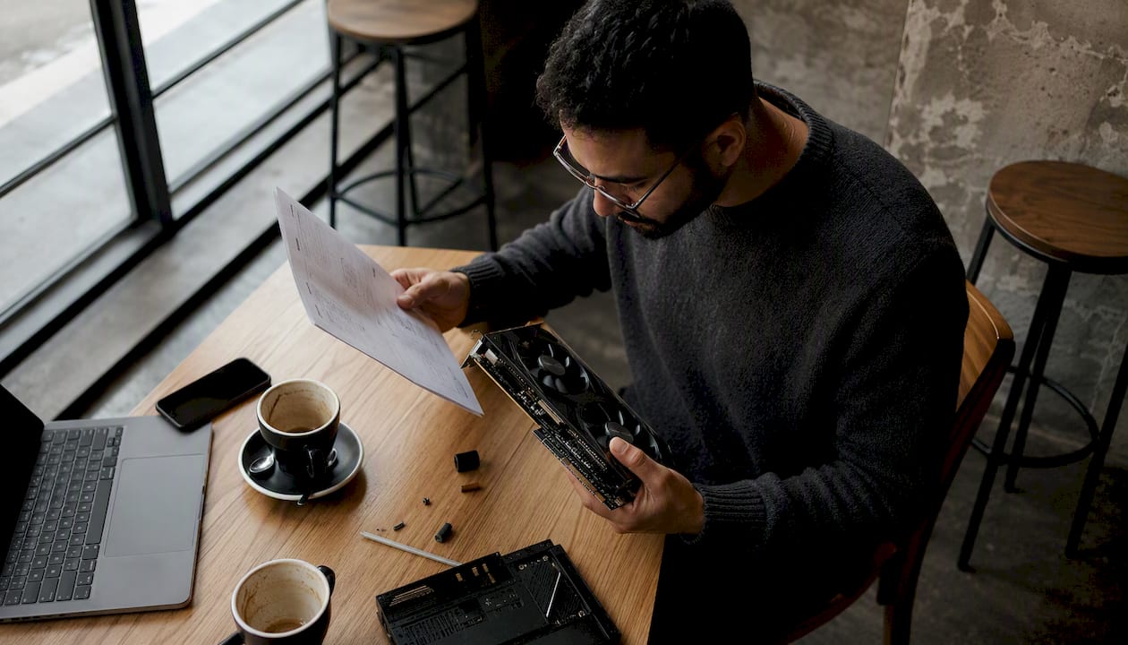 Un homme en pleine réflexion sur les meilleures options pour améliorer son ordinateur