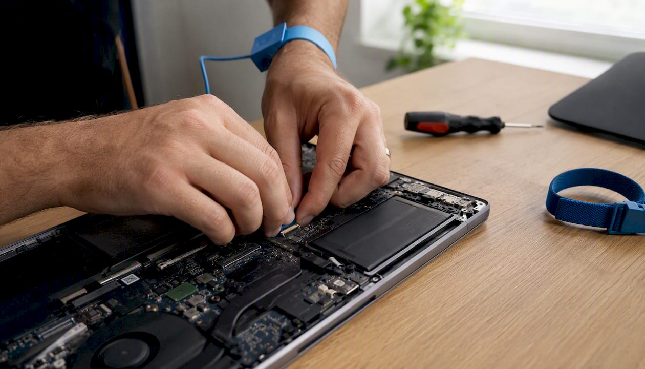 Des mains en train d’ajouter de la mémoire vive et de remplacer le disque SSD d’un ordinateur portable.