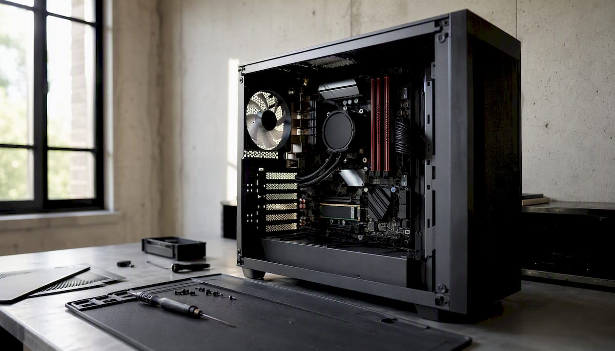 Boîtier d’ordinateur ouvert laissant apparaître les emplacements pour la mémoire RAM et le SSD.