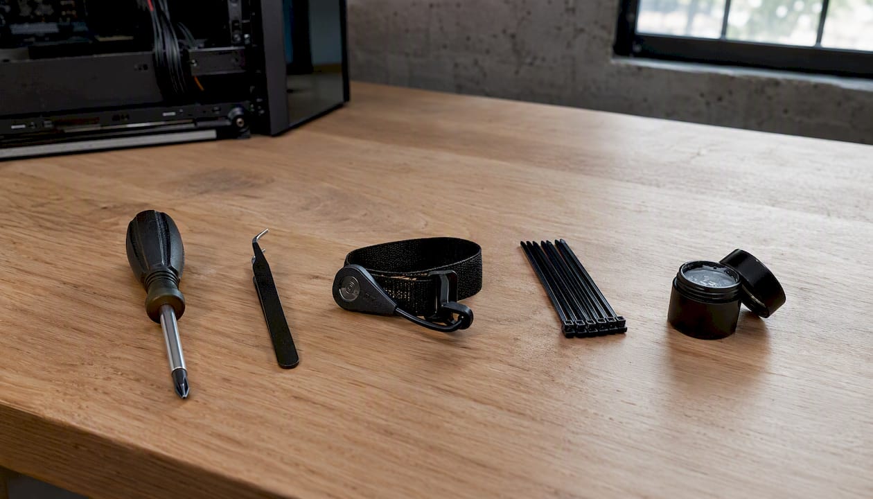 Outils pour monter un PC disposés sur l’établi