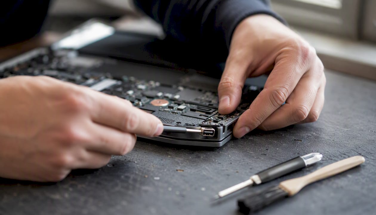 Des mains examinent un port de charge d’ordinateur portable qui bouge.