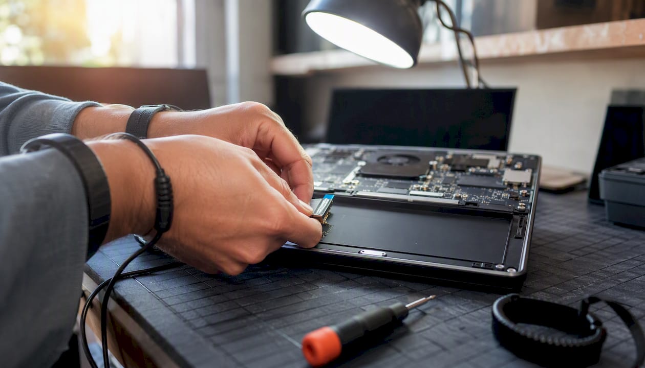 Des mains déconnectent un câble à l’intérieur d’un ordinateur portable.