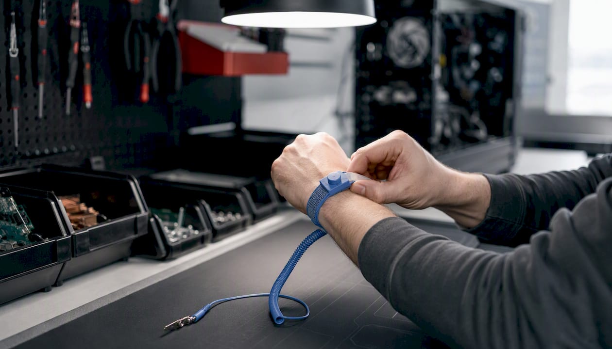 Dans l’atelier de réparation, un technicien attache son bracelet antistatique avant de commencer à manipuler les appareils électroniques.