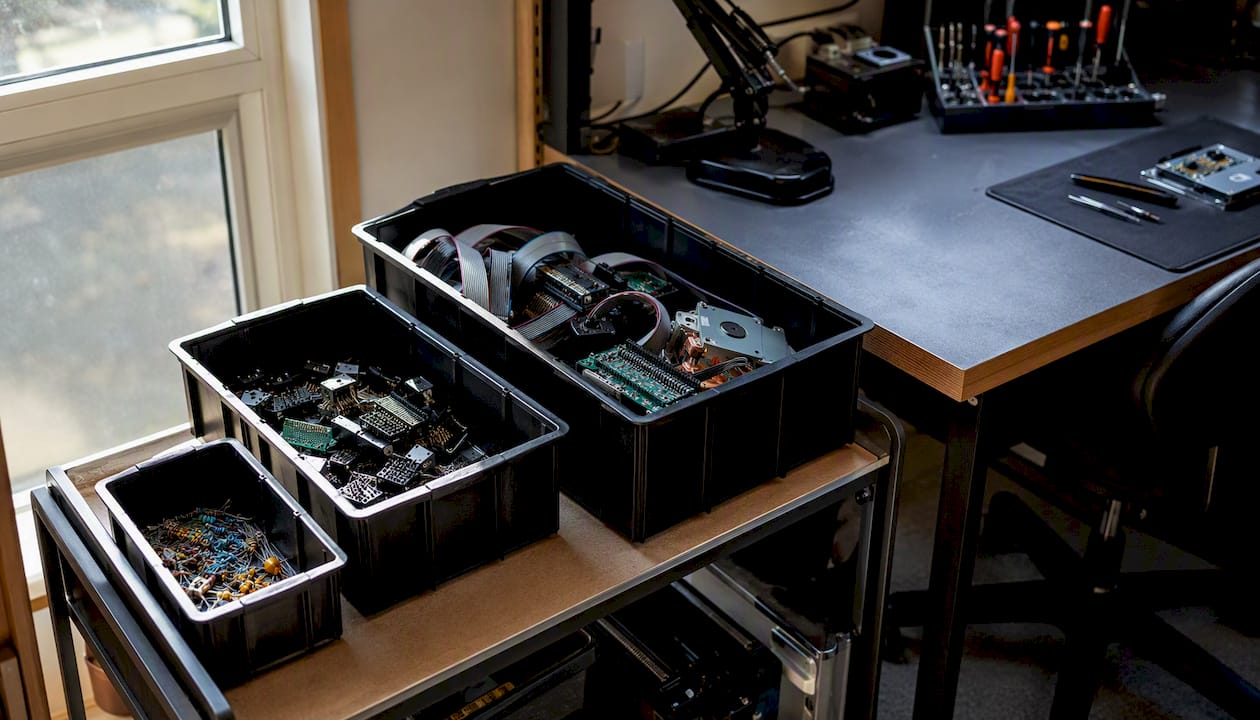 Des bacs de prélèvement bien organisés contenant des composants électroniques