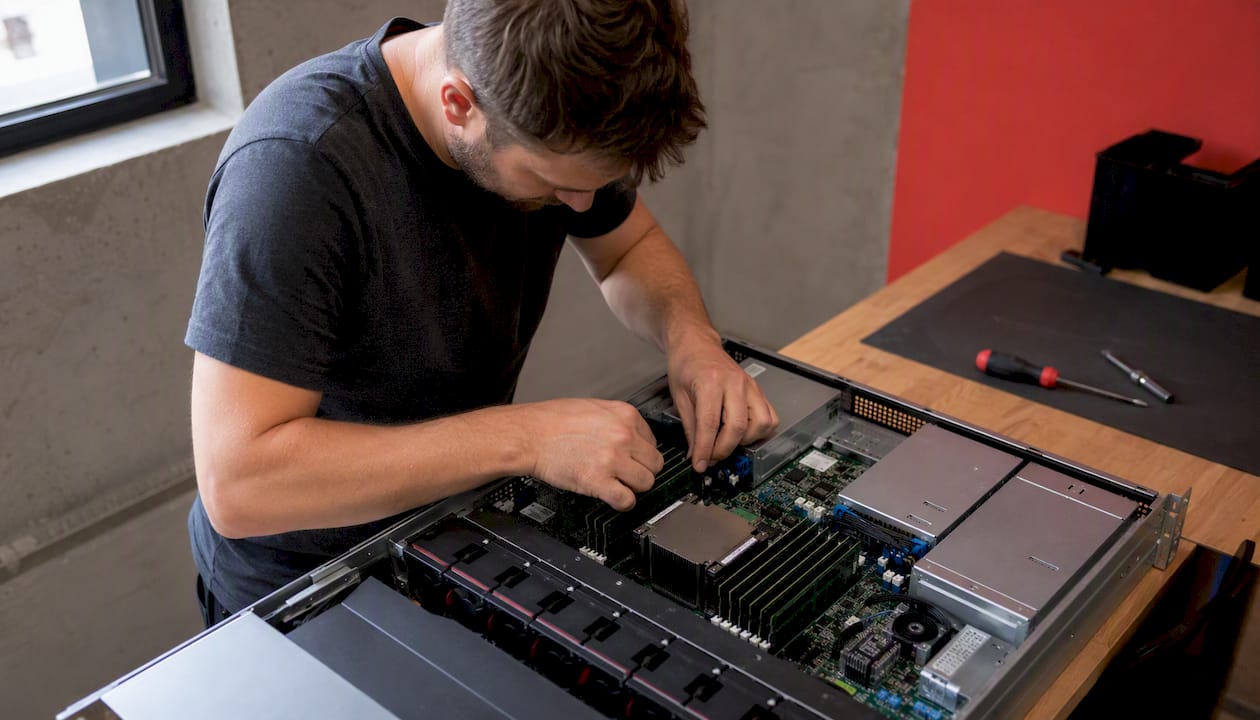 Des mains en train d’installer des barrettes de mémoire vive dans un serveur
