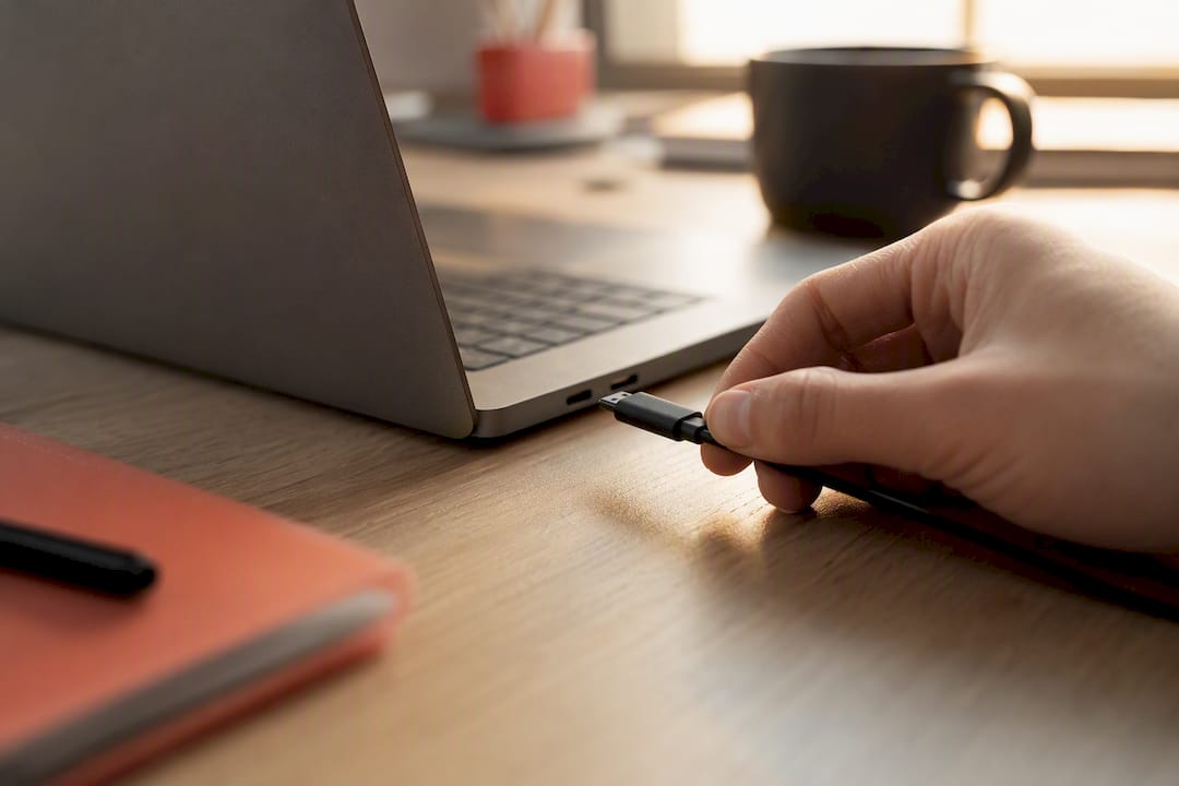 Zoom sur un câble USB-C en train d’être branché sur un ordinateur portable.