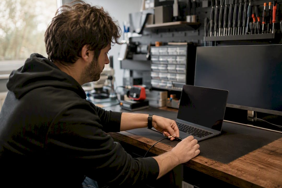 Une personne vérifie la connexion entre un câble USB-C et un écran, en s’assurant que tout fonctionne correctement.