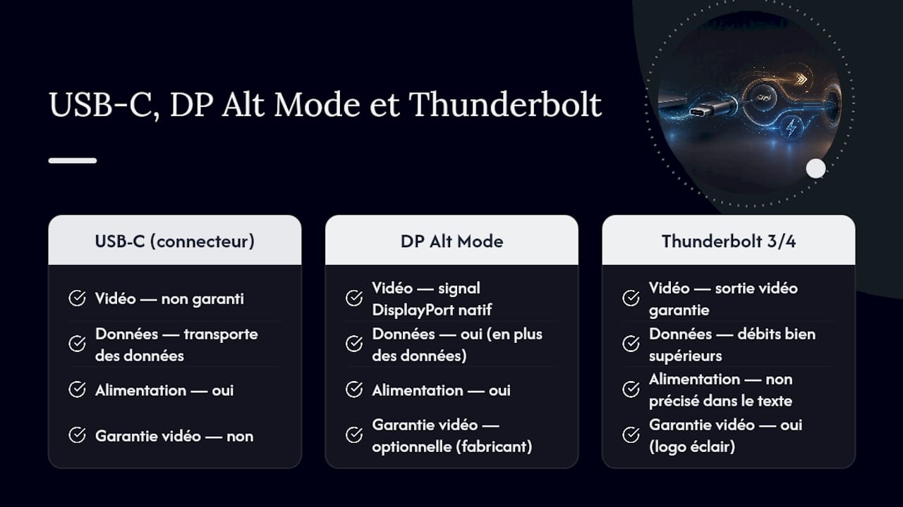 Infographie comparative : atouts et spécificités de l’USB-C, du mode DP Alt et de la technologie Thunderbolt