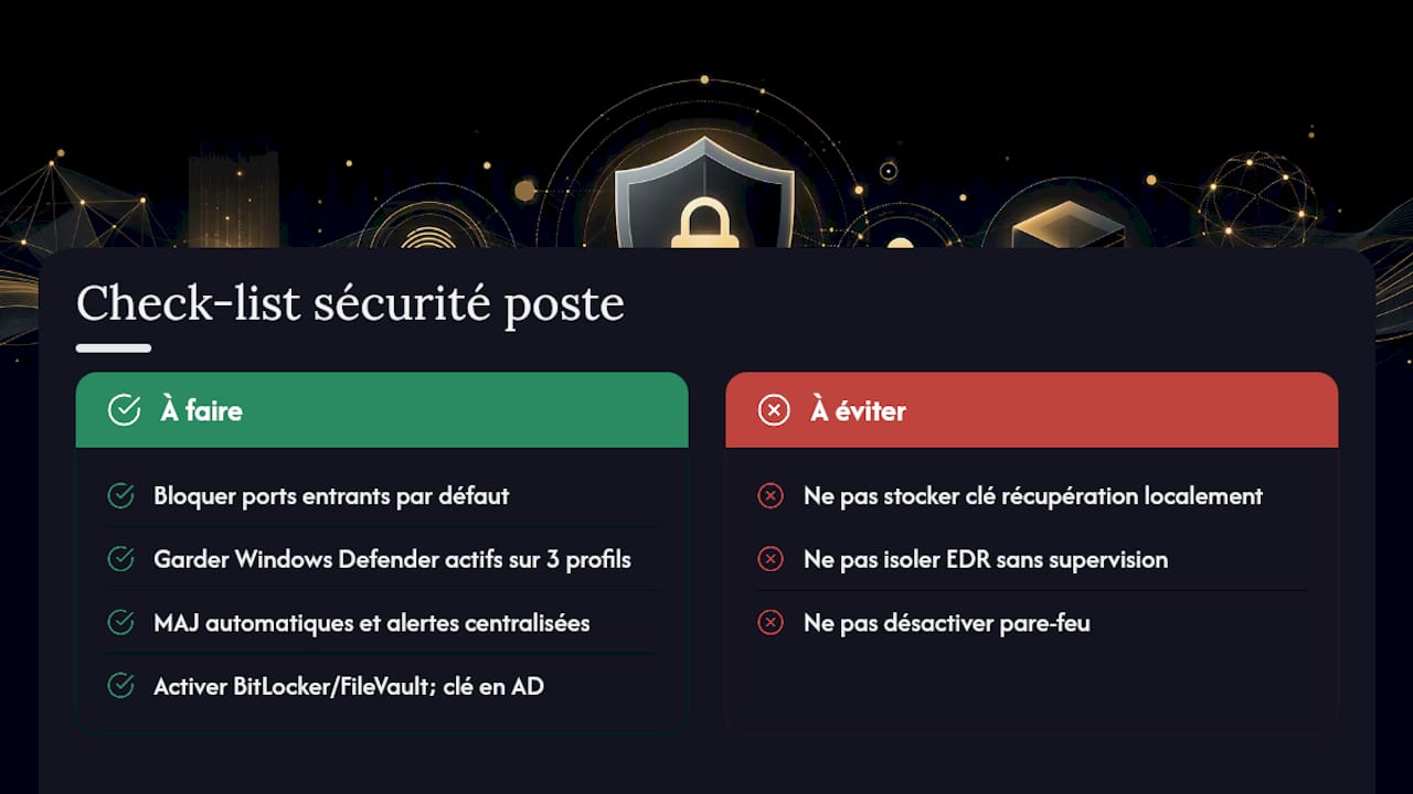 Schéma de contrôle des principaux outils de sécurité : pare-feu, antivirus et chiffrement du disque