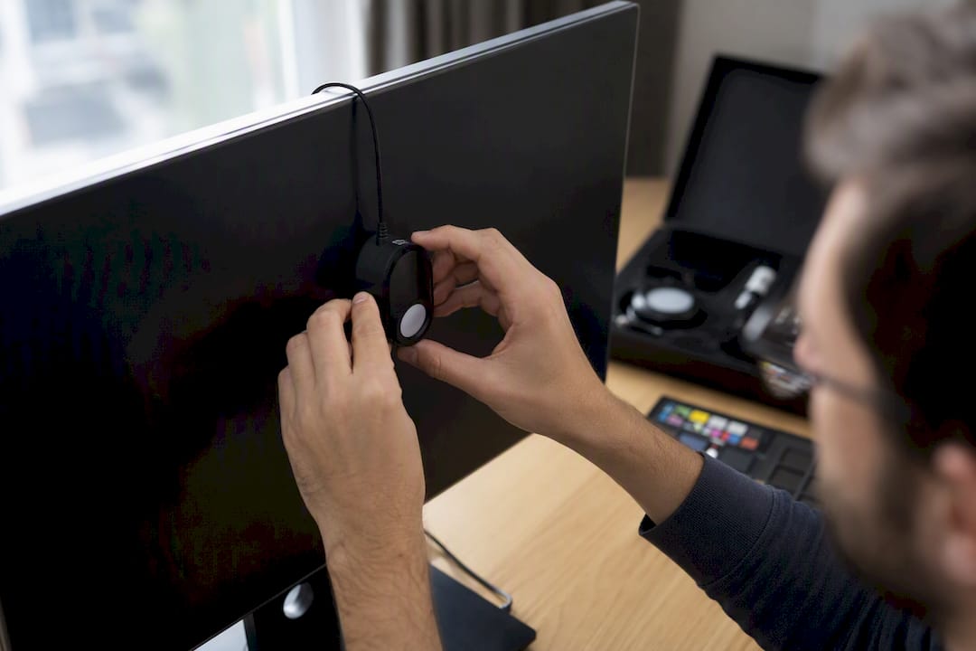 Des mains posent un colorimètre sur l’écran d’un moniteur pour en vérifier la calibration.