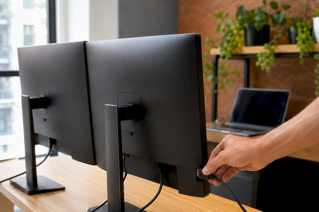 Main branchant un câble HDMI à un écran d’ordinateur
