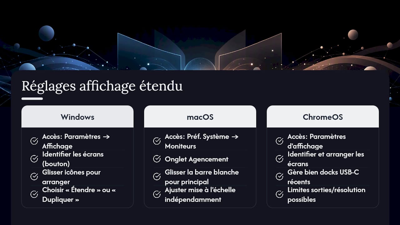 Schéma comparant la configuration d’affichage étendu sous Windows, macOS et ChromeOS