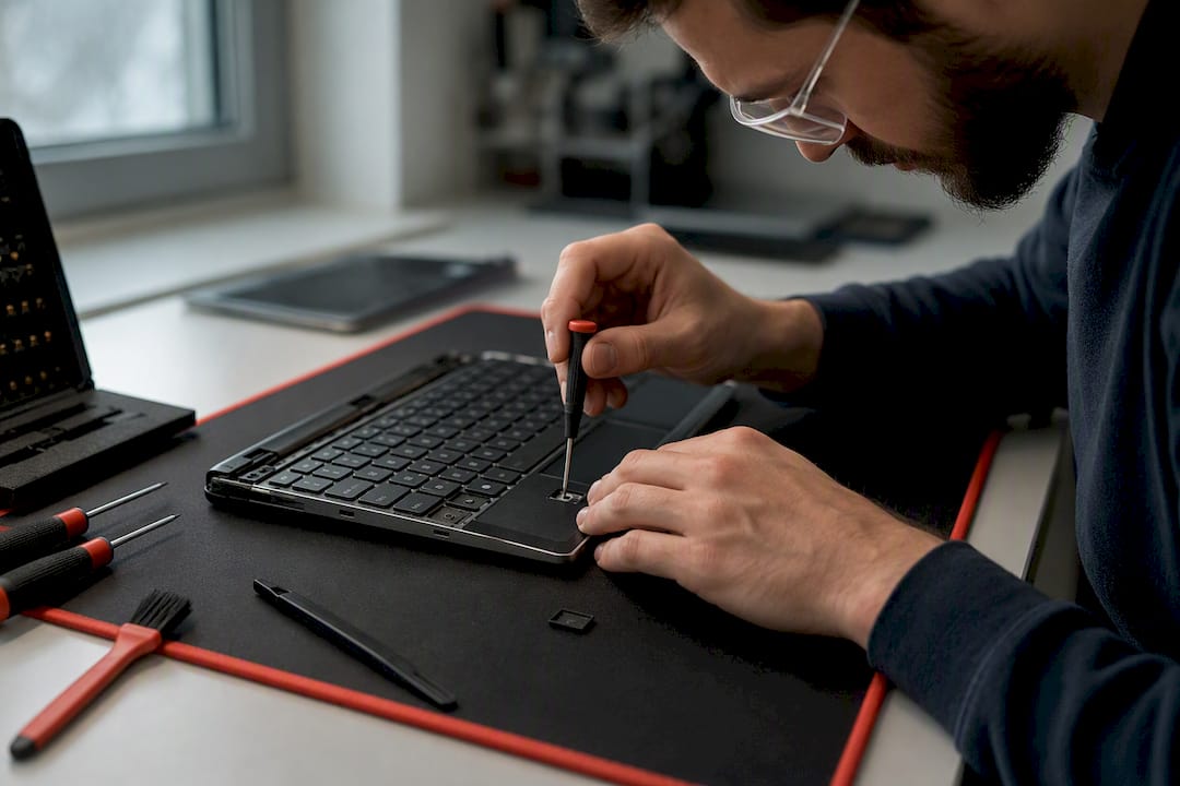 Des mains retirant une touche de clavier d’ordinateur portable sur un banc de réparation