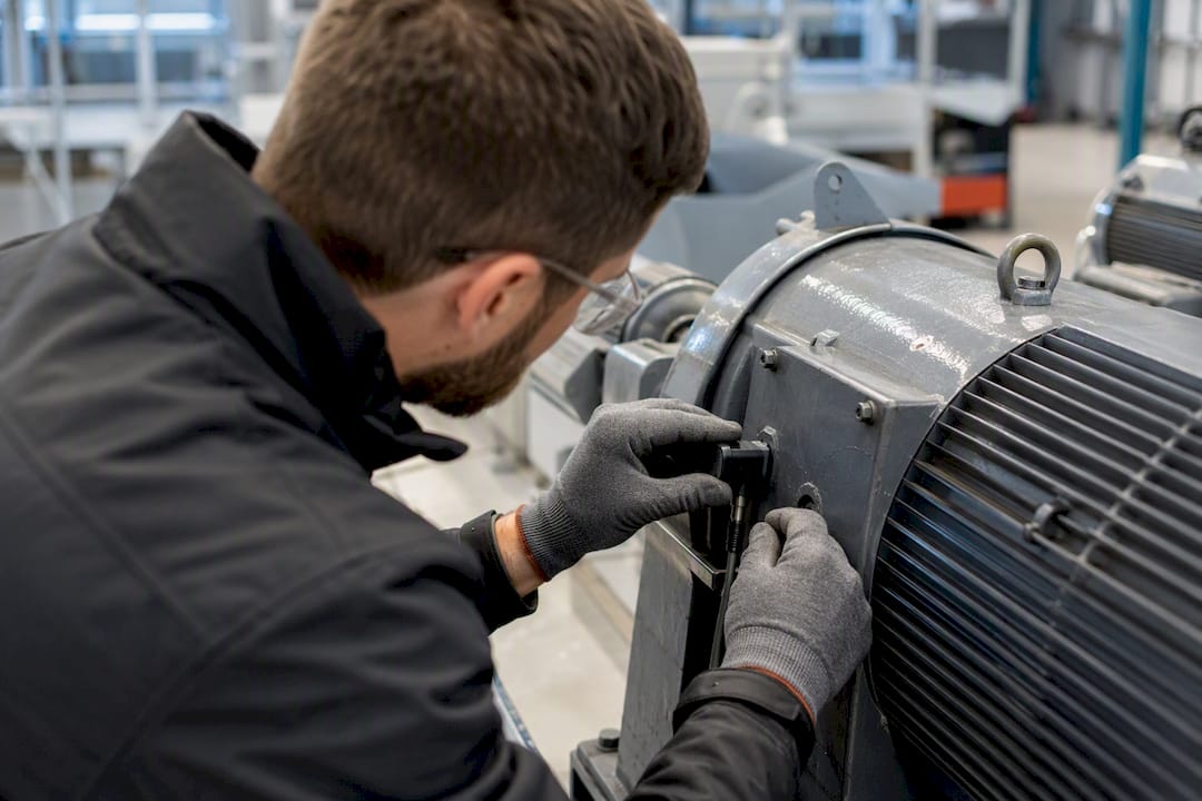Technicien installant un capteur de maintenance