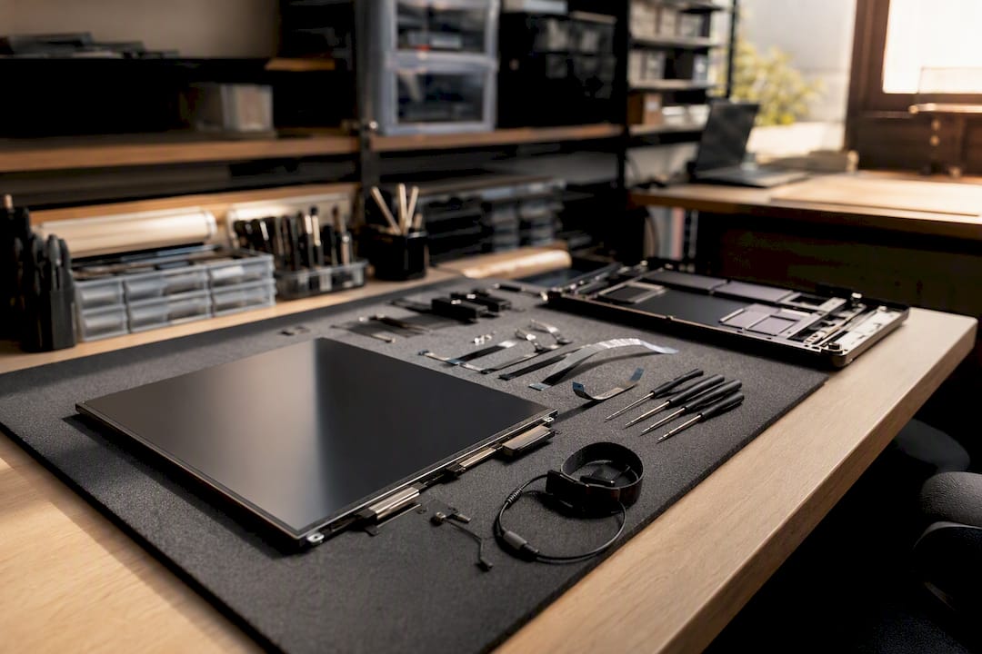Pièces d'écran d'ordinateur portable et outils de réparation étalés