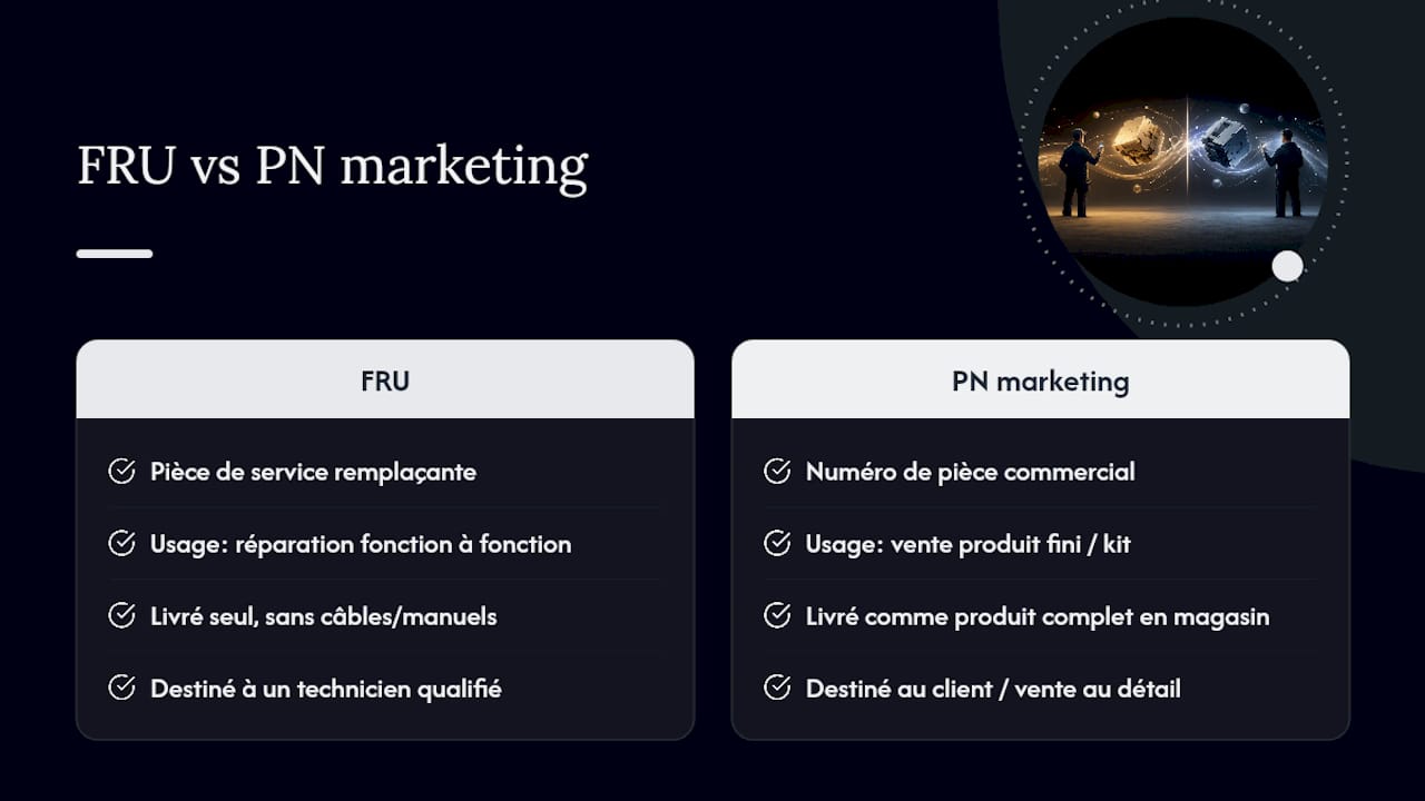 Comparaison entre une pièce de service FRU et la référence marketing