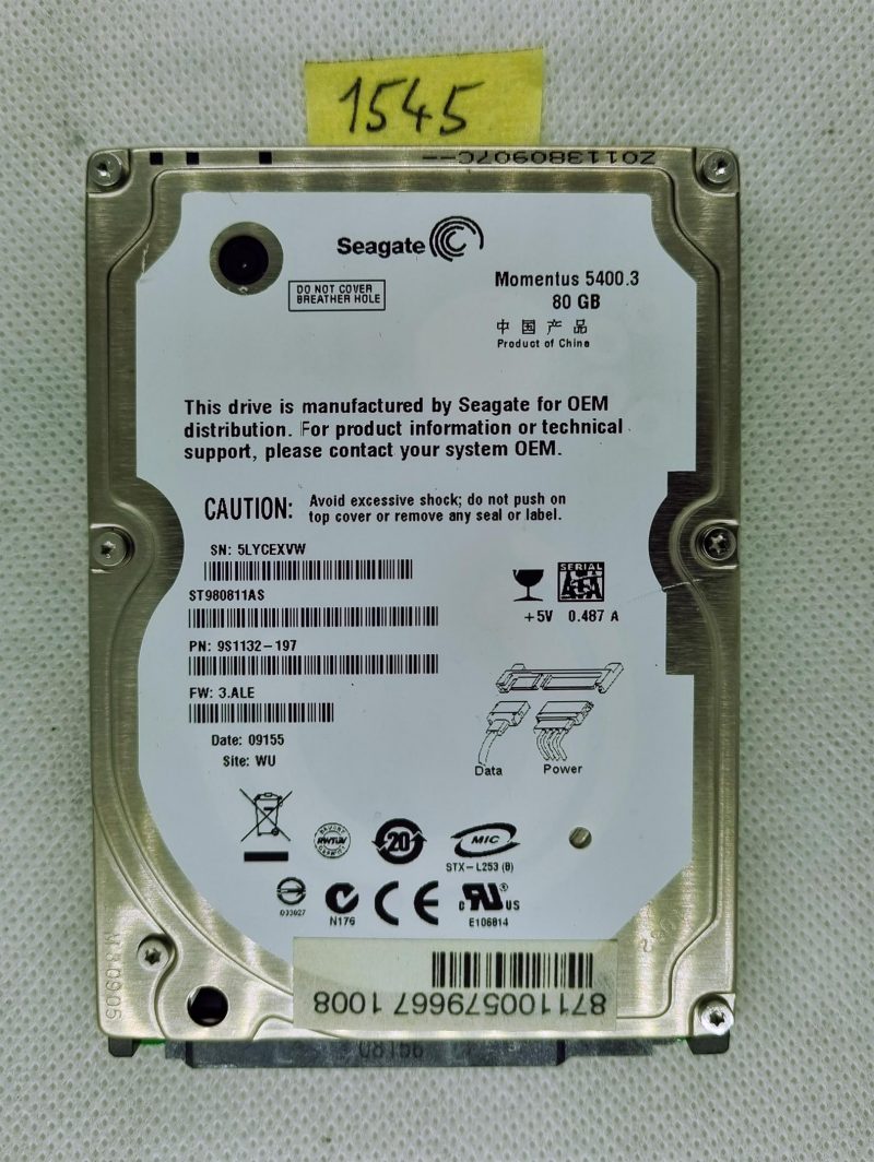 Seagate HDD ST980811AS 80GB 5200RPM 9S1132-197 2,5 SATA 8MB Cache 150Mbps