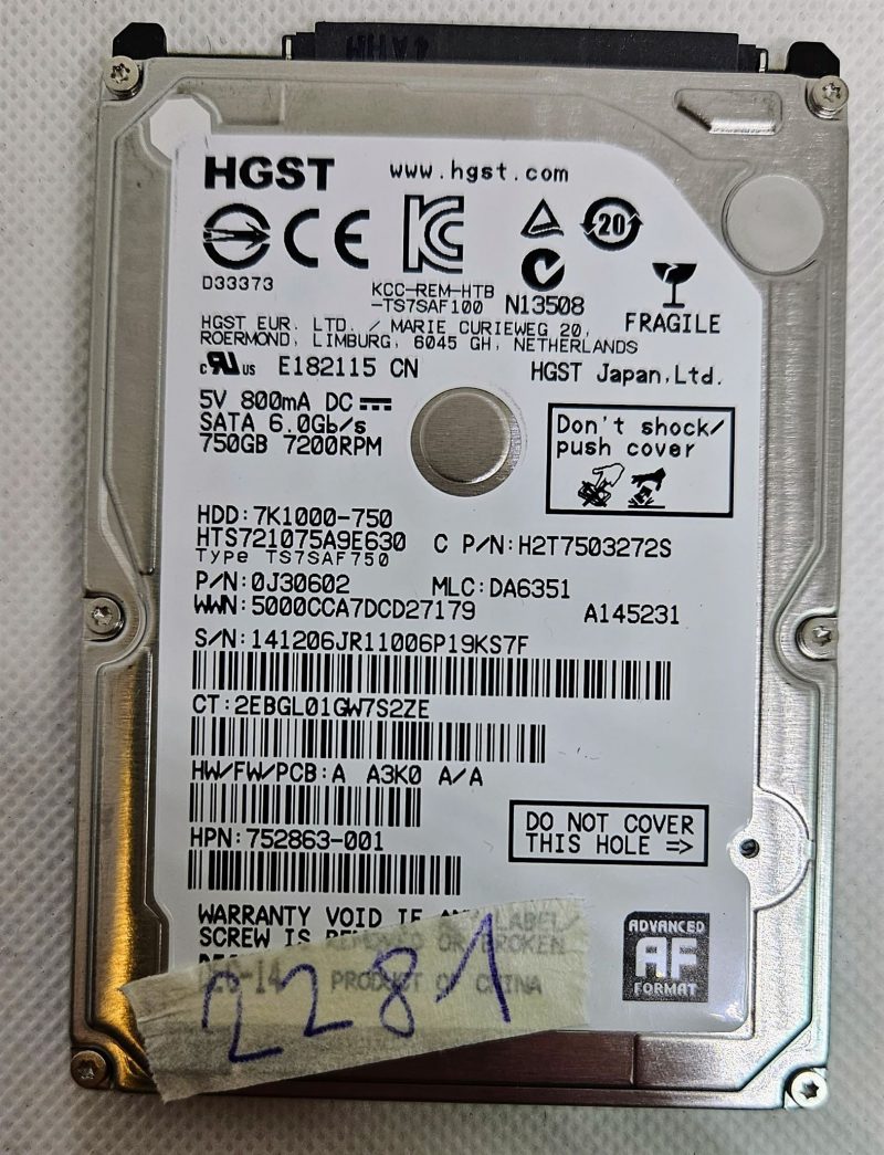 Disco rigido per laptop HGST 750 GB 2,5 SATA HDD 7K1000-750 - 7200 RPM - 6,0 Gbs