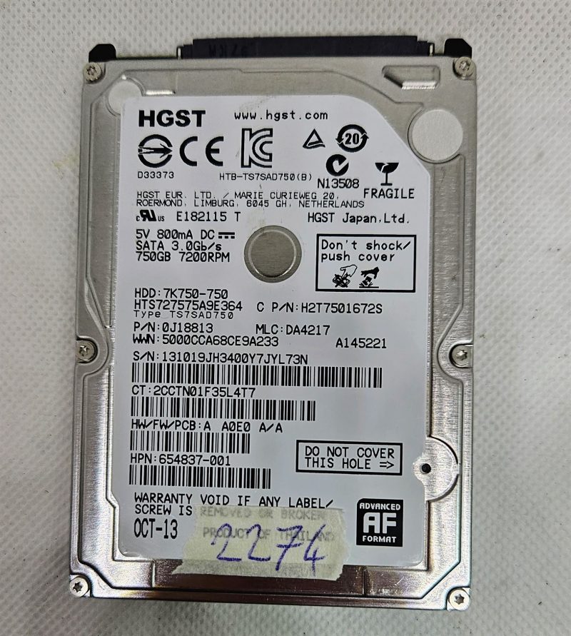 Disco rigido per laptop HGST 750 GB 2,5" SATA HDD 7K750-750 7200 RPM 3,0 Gb/s