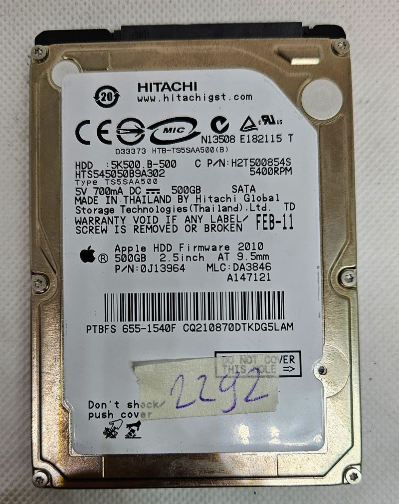 Disco rigido Hitachi 500 GB 0A78265 5K500.B-500 5,4 K RPM SATA 7 mm 2,5 H2T500854S: soluzione di archiviazione affidabile!