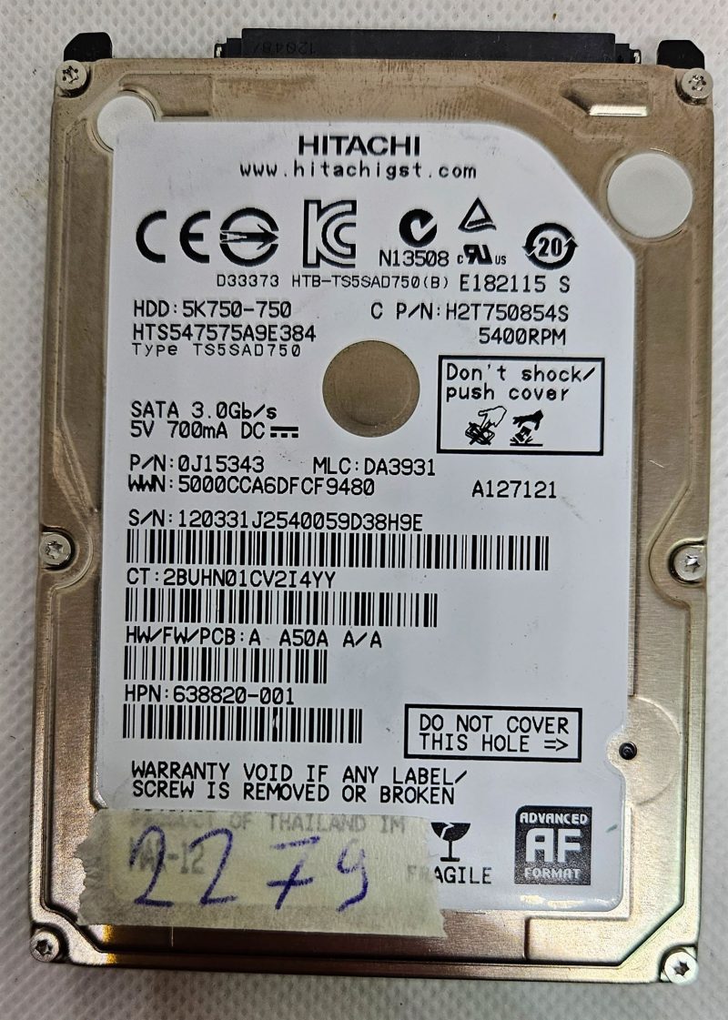 Disco rigido per laptop Hitachi HTS547575A9E384 da 750 GB SATA da 2,5" - Archiviazione ad alta capacità