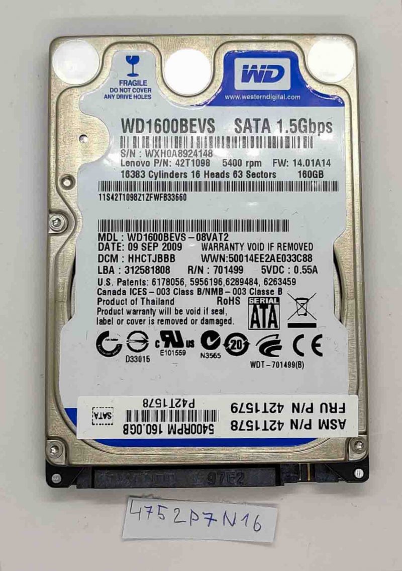 Disco rigido SATA LENOVO ThinkPad T400 da 160 GB 42T1578 42T1579