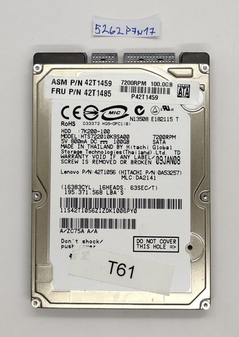 Lenovo Thinkpad T61 FRU 42T1485 HDD 7K200-100 100 GB - Disco rigido usato