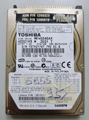 Hard disk per laptop Toshiba MK4026GAX IDE HDD da 40 GB e 2,5", 5400 giri/min, 16 MB, testato al 95% di salute