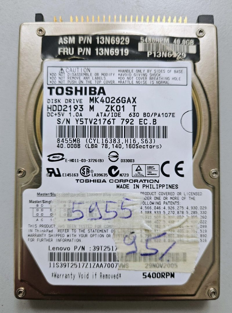 Hard disk per laptop Toshiba MK4026GAX IDE HDD da 40 GB e 2,5", 5400 giri/min, 16 MB, testato al 95% di salute