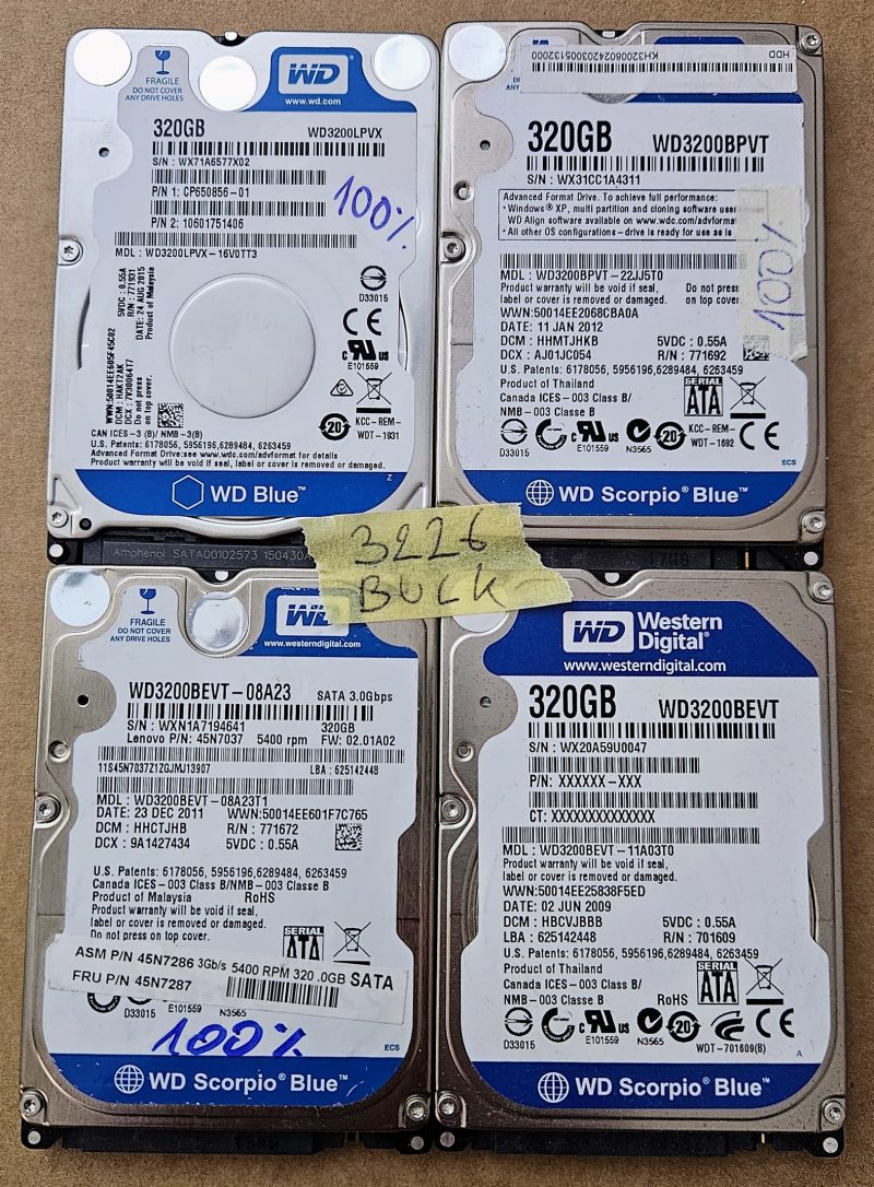 Confezione da 4 dischi rigidi per notebook WD BLUE WD3200LPVX da 320 GB e 2,5" - SATA 6 GB, 5400 RPM, cache da 8 MB - 100% integri